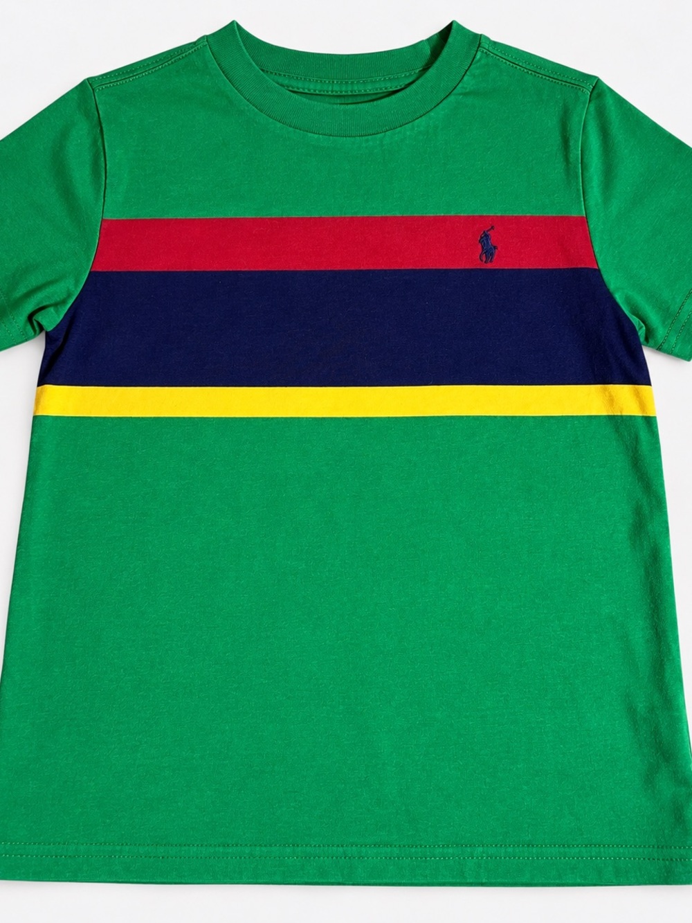 Ralph Lauren Green Tee with Red, Navy & Yellow Stripes